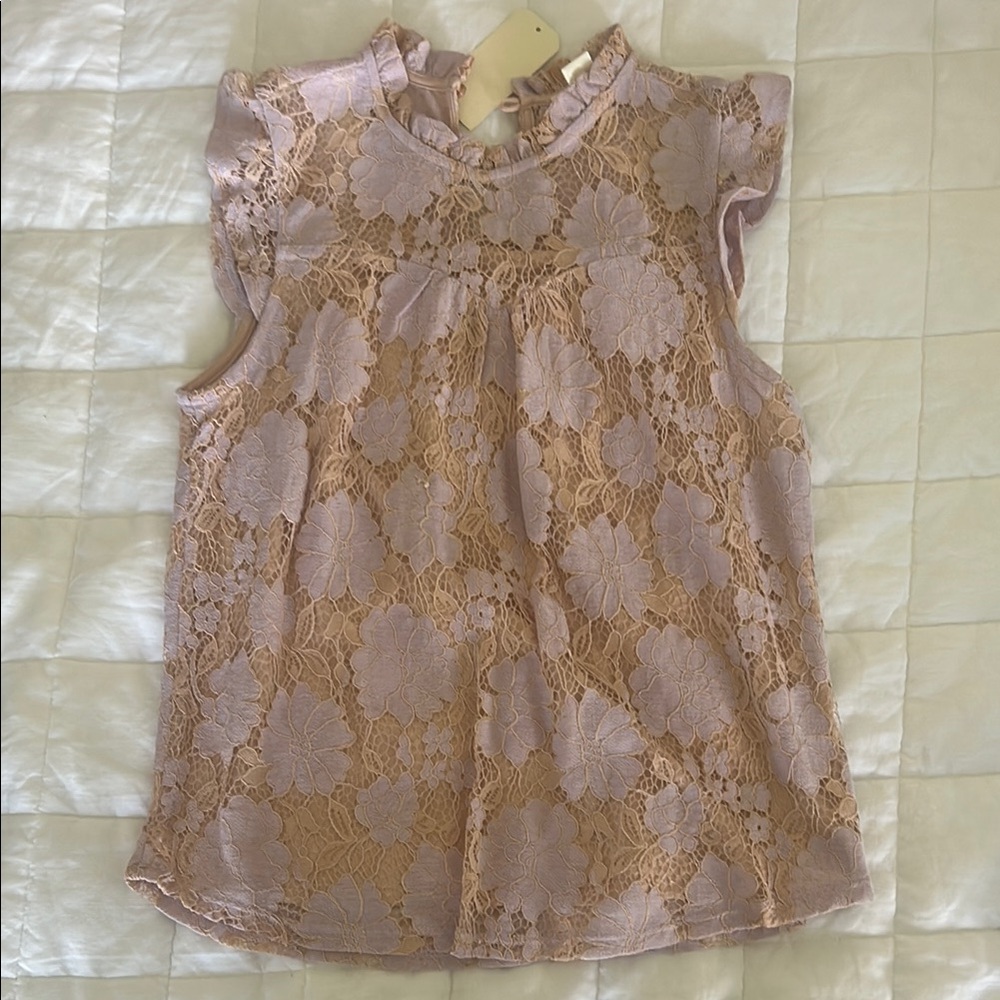 Monteau Lace Ruffle Top in Lavender and Beige